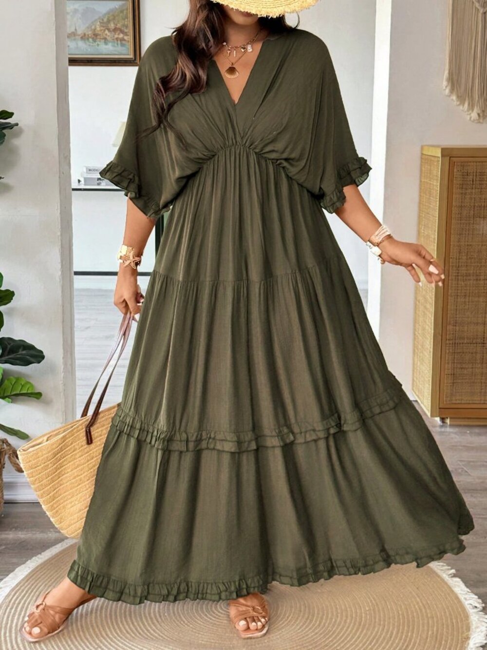 Army Green Casual Women's Plus Size Boho Ruffle V-Neck Maxi Dress - Picture 6 of 7